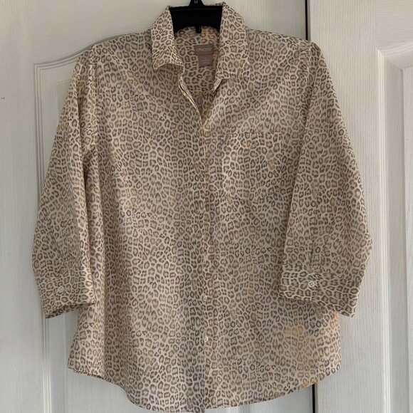 Chico’s Size 0 (Small) No Iron Cotton Leopard-Print Pocket-Detail Shirt - Picture 2 of 3
